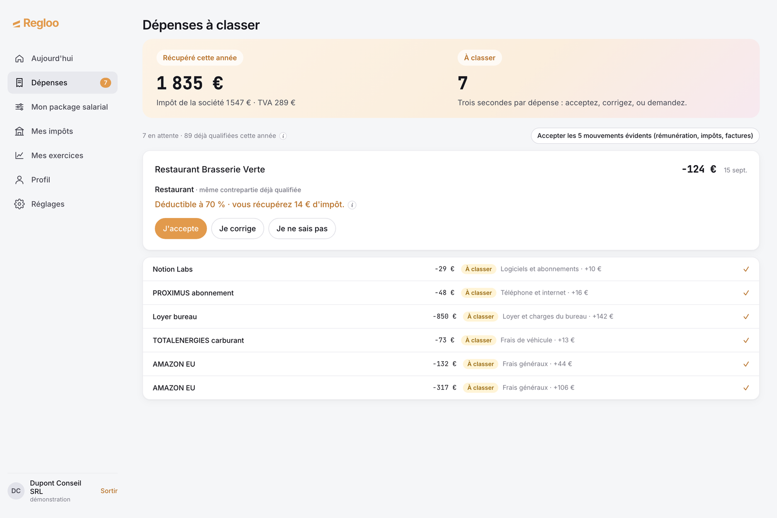 Dépenses à classer, avec l'effet chiffré de chaque dépense